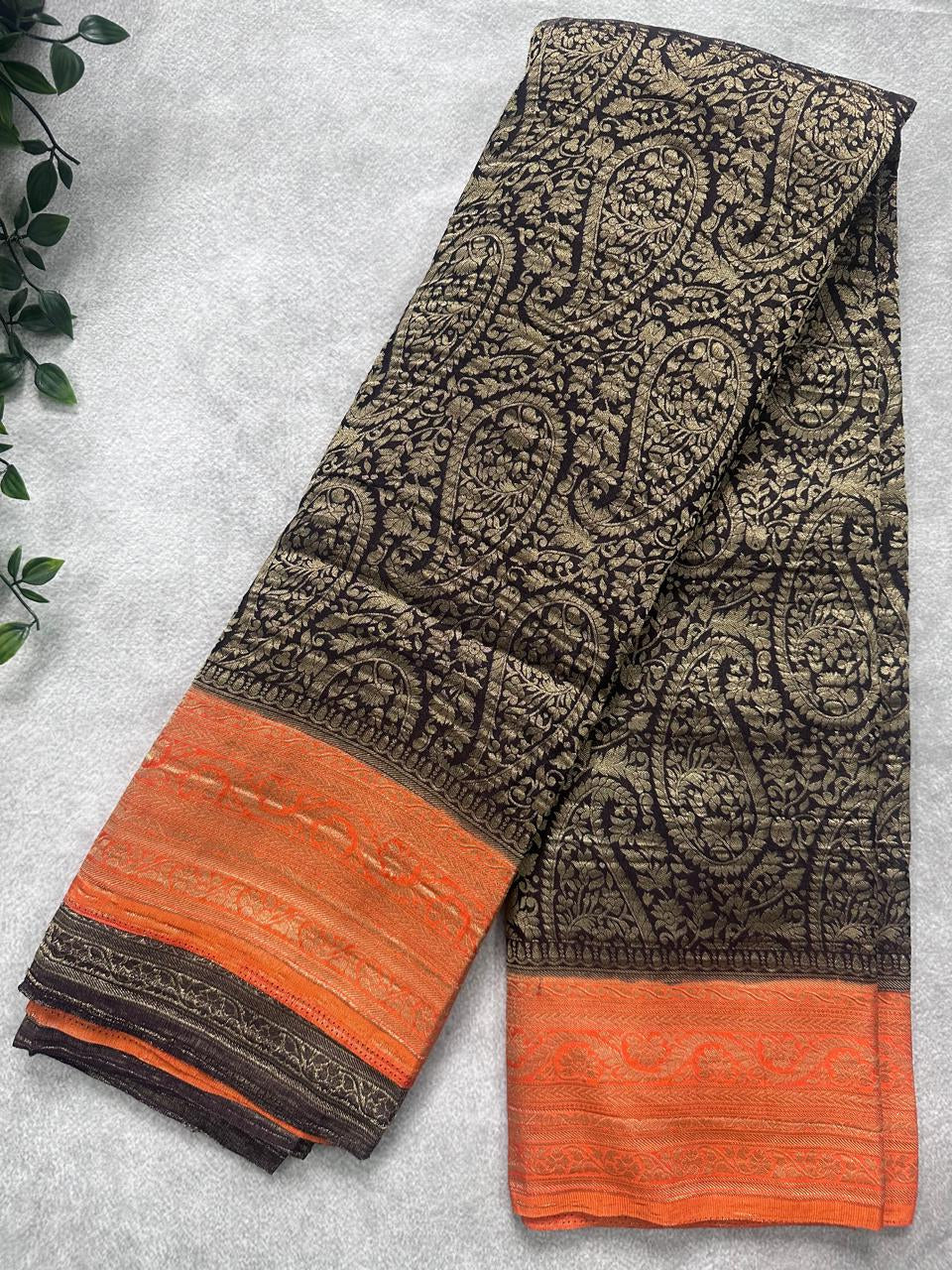 Black Brocade Semi Georgette Saree 107