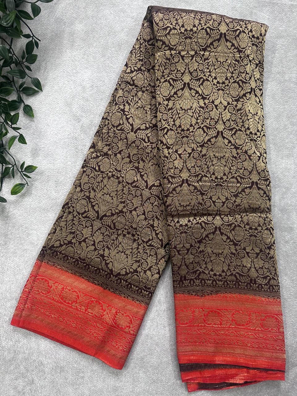 Brown Brocade Semi Georgette Saree 107