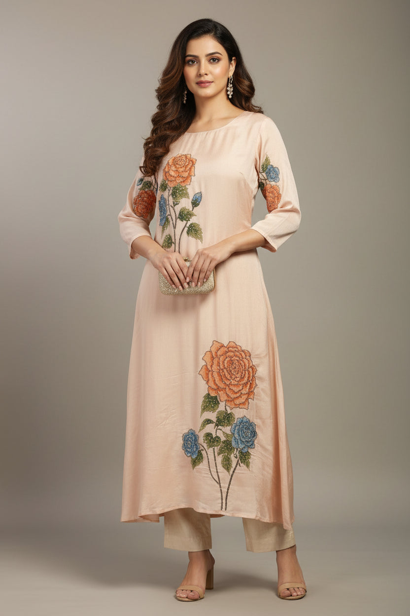 Peach Crepe Airline Hand Embroidery Kurtha 765