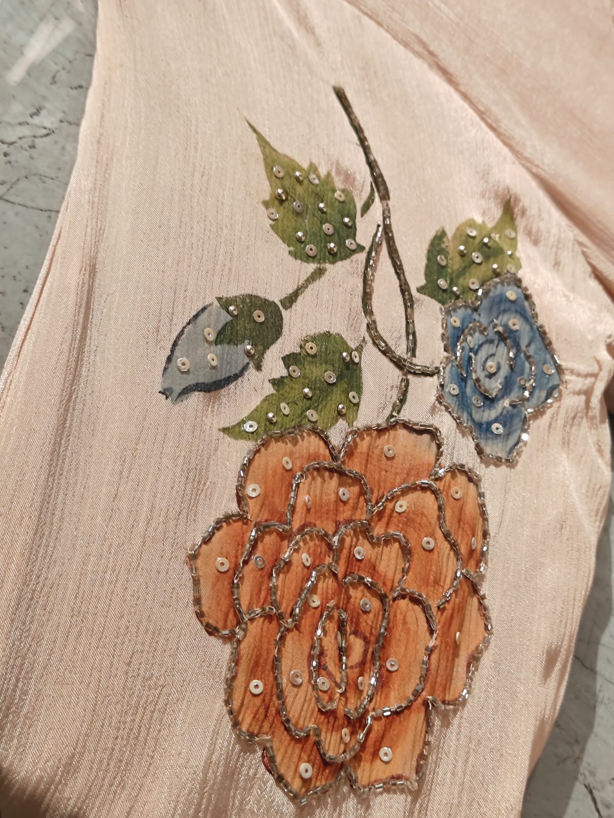 Peach Crepe Airline Hand Embroidery Kurtha 765
