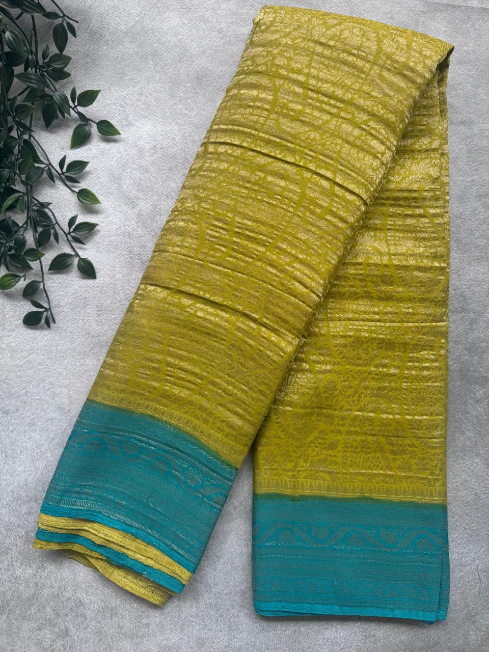 Neon Green Brocade Semi Georgette Saree 107