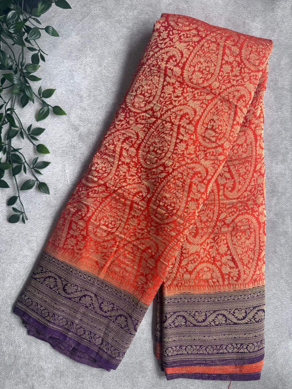 Orange Brocade Semi Georgette Saree 107