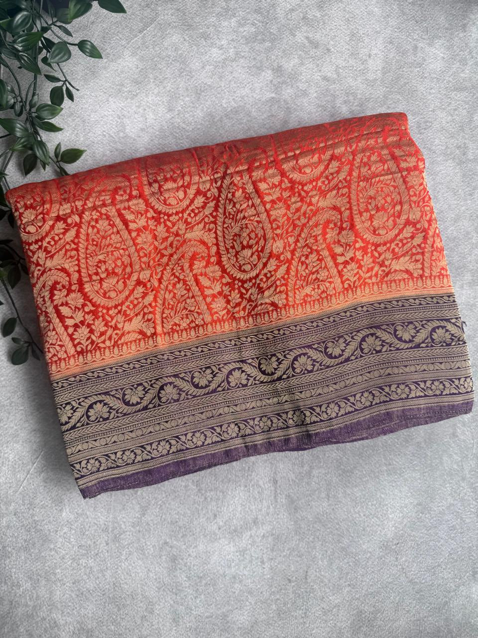 Orange Brocade Semi Georgette Saree 107