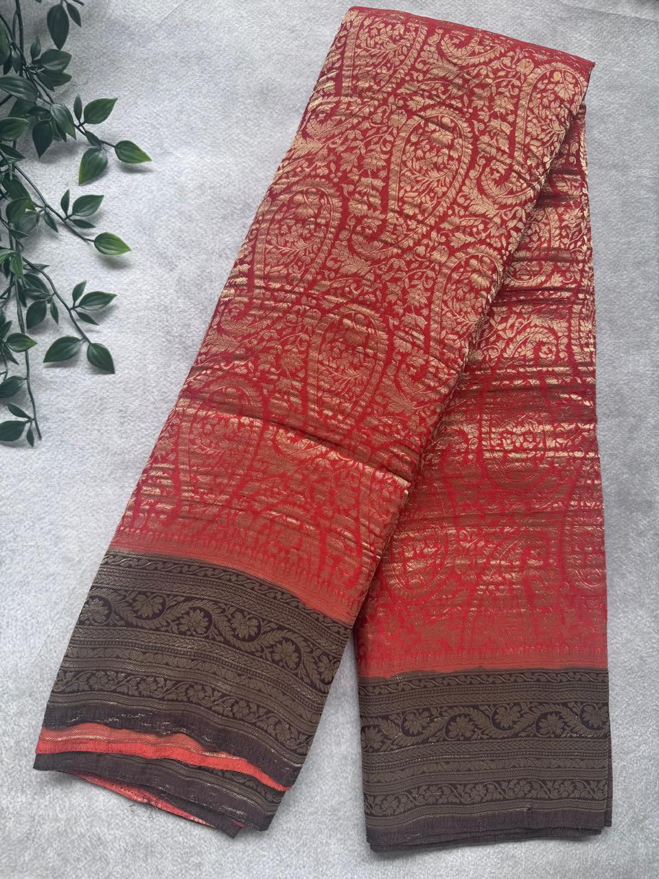 Red Brocade Semi Georgette Saree 107