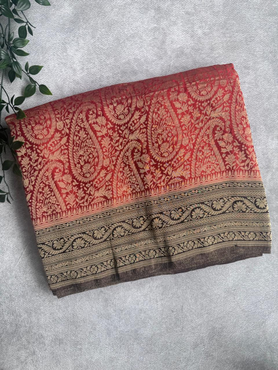Red Brocade Semi Georgette Saree 107