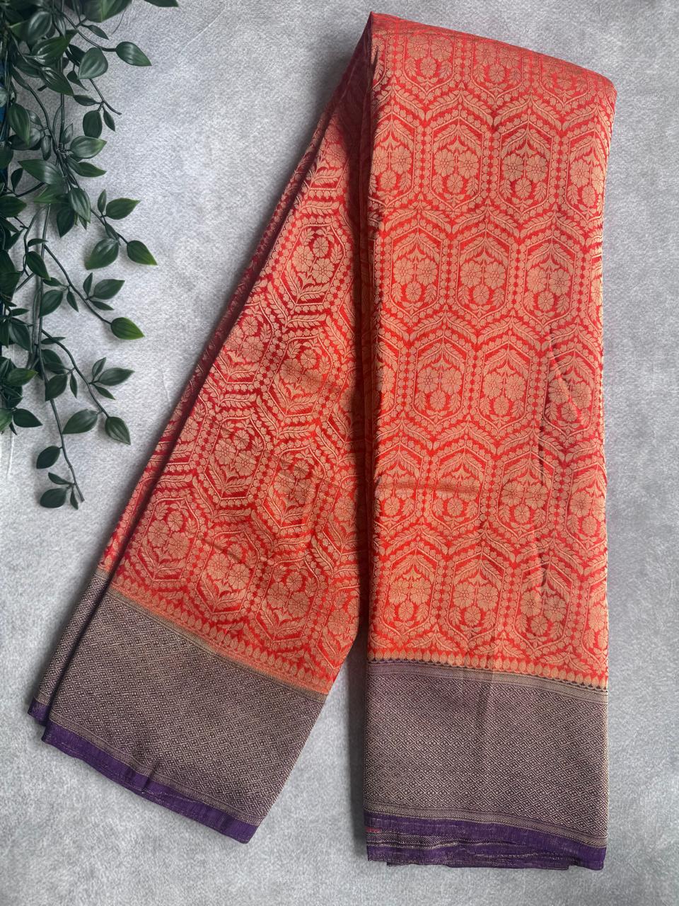 Orange Brocade Semi Georgette Saree 107