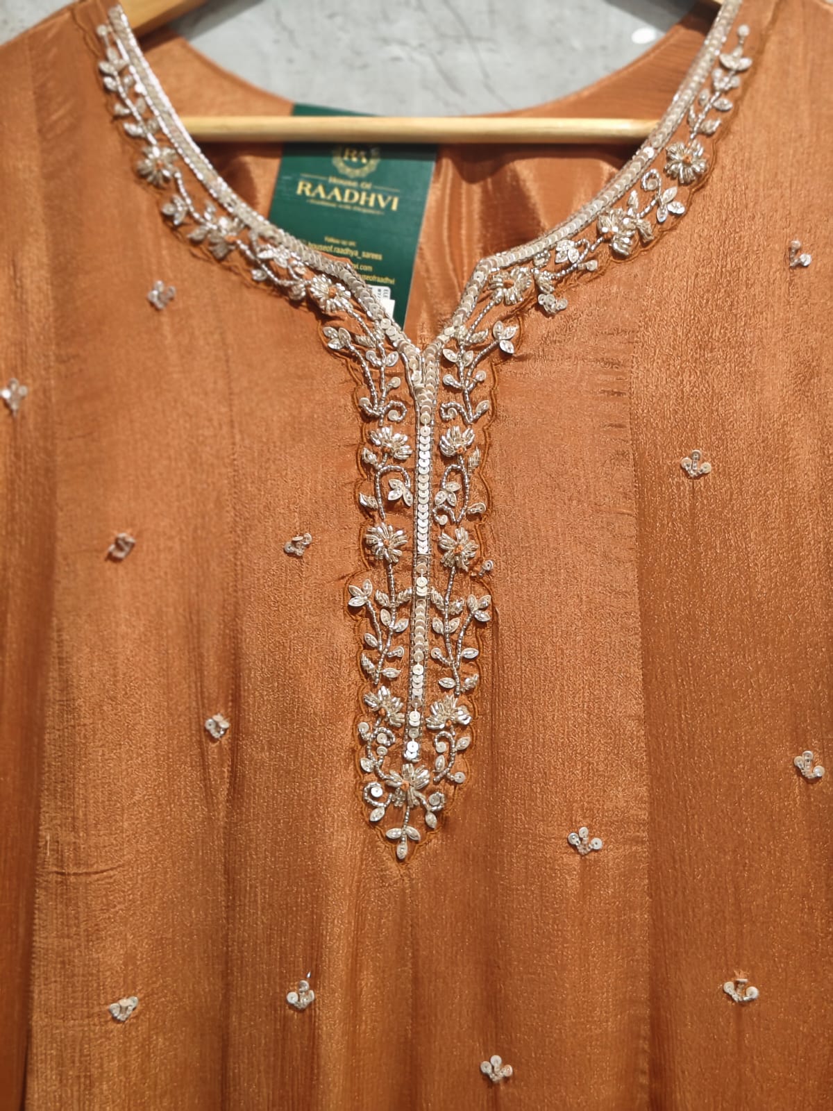 Rust Orange Anarkali chinnon handwork party ware Kurtha 567