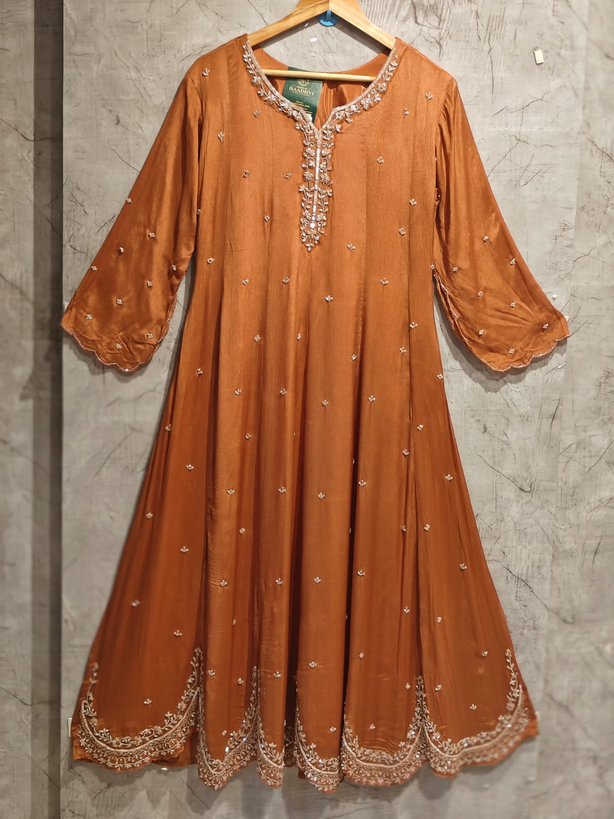 Rust Orange Anarkali chinnon handwork party ware Kurtha 567