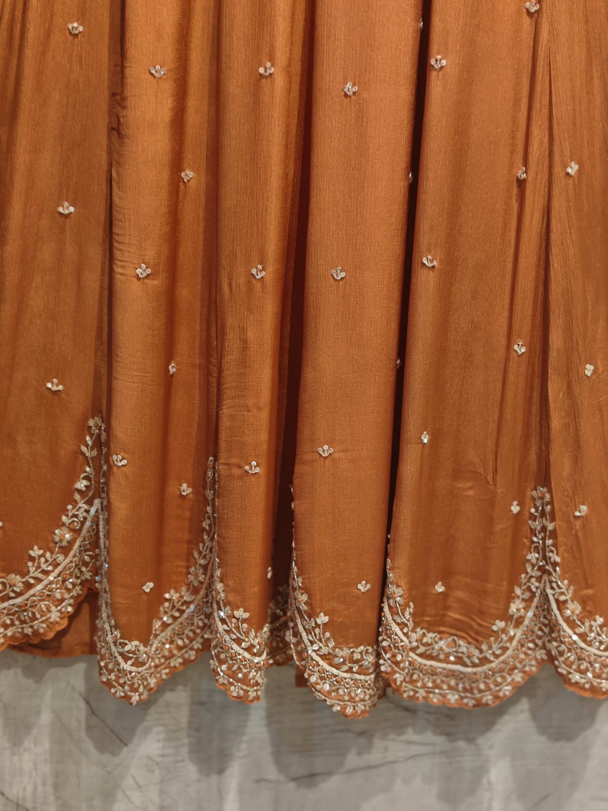 Rust Orange Anarkali chinnon handwork party ware Kurtha 567