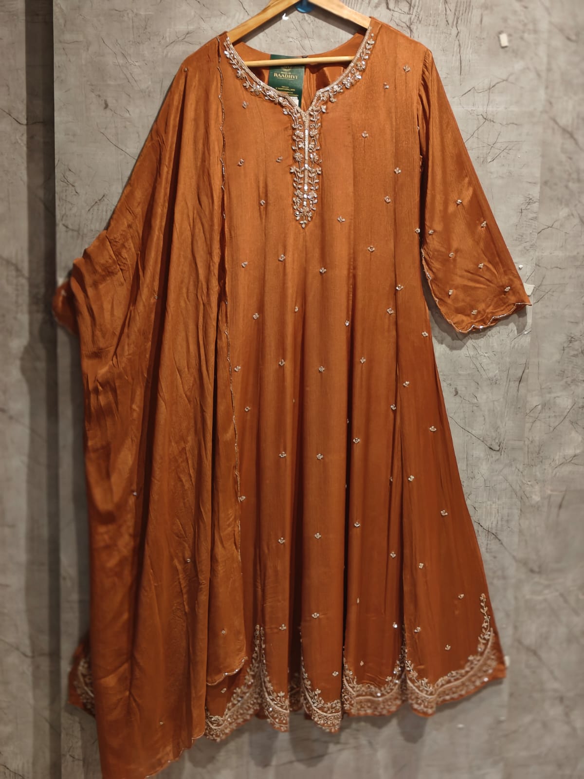 Rust Orange Anarkali chinnon handwork party ware Kurtha 567