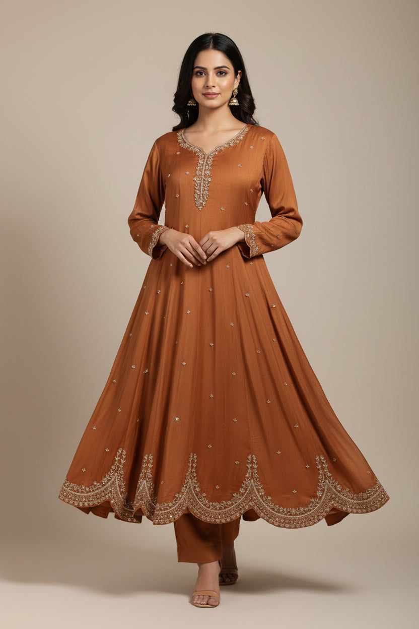 Rust Orange Anarkali chinnon handwork party ware Kurtha 567