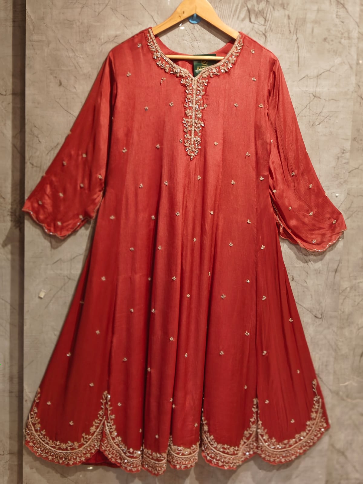Peachish Anarkali chinnon handwork party ware Kurtha 567