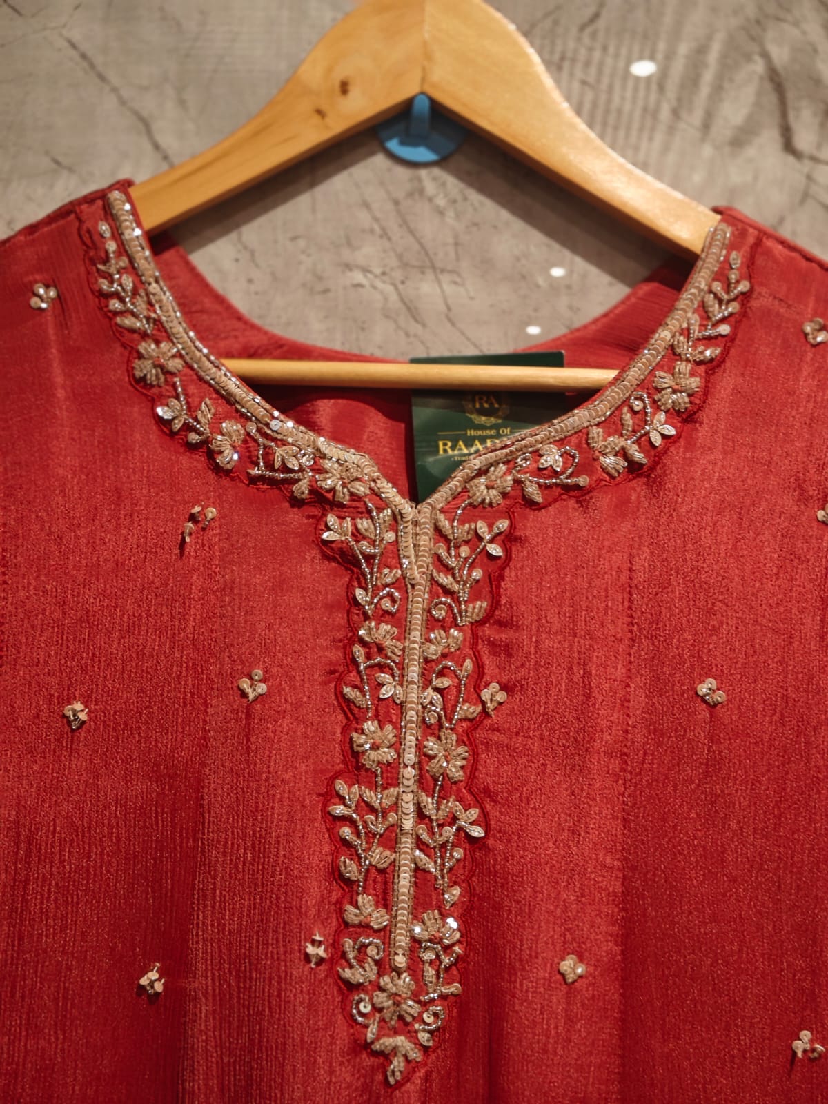 Peachish Anarkali chinnon handwork party ware Kurtha 567