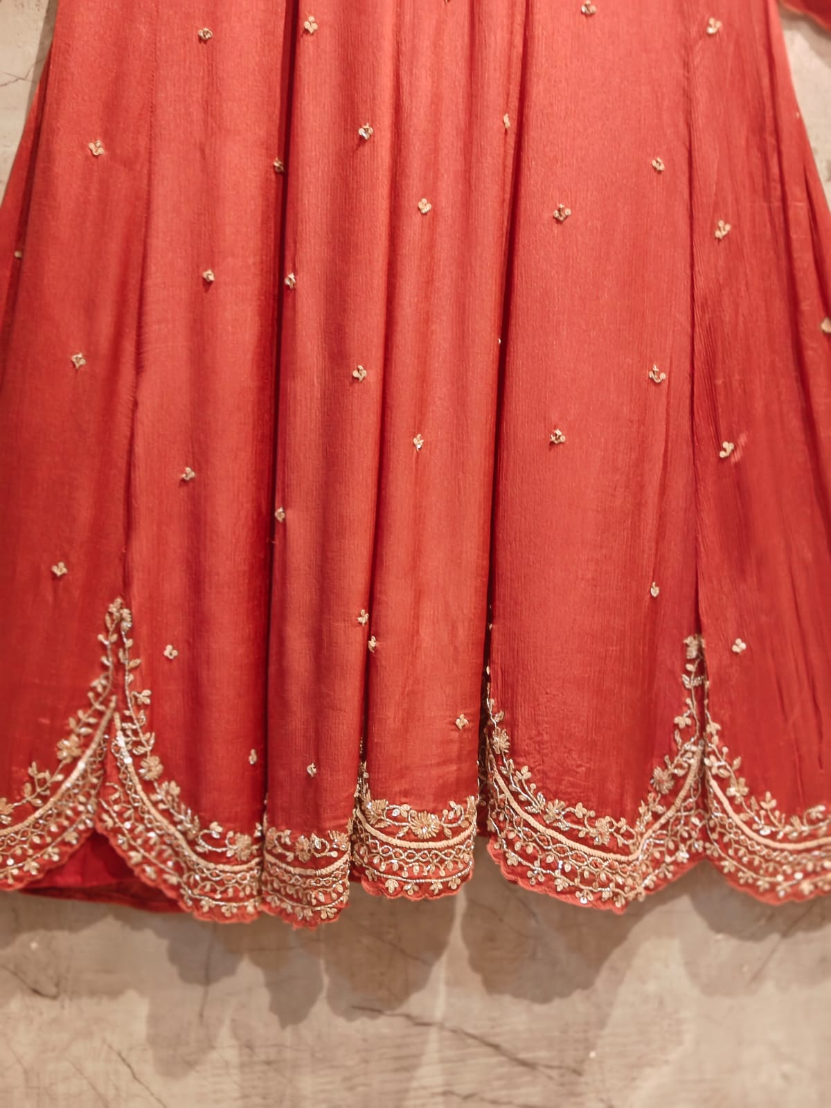 Peachish Anarkali chinnon handwork party ware Kurtha 567