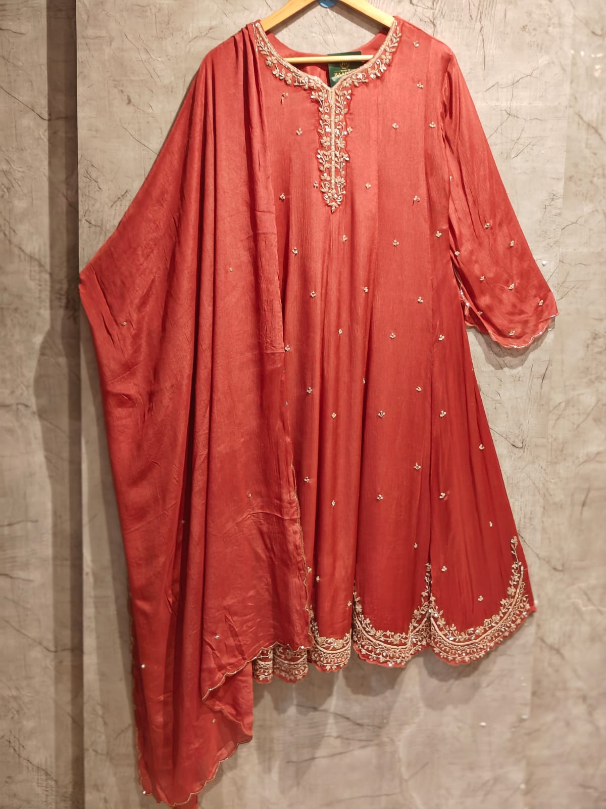 Peachish Anarkali chinnon handwork party ware Kurtha 567