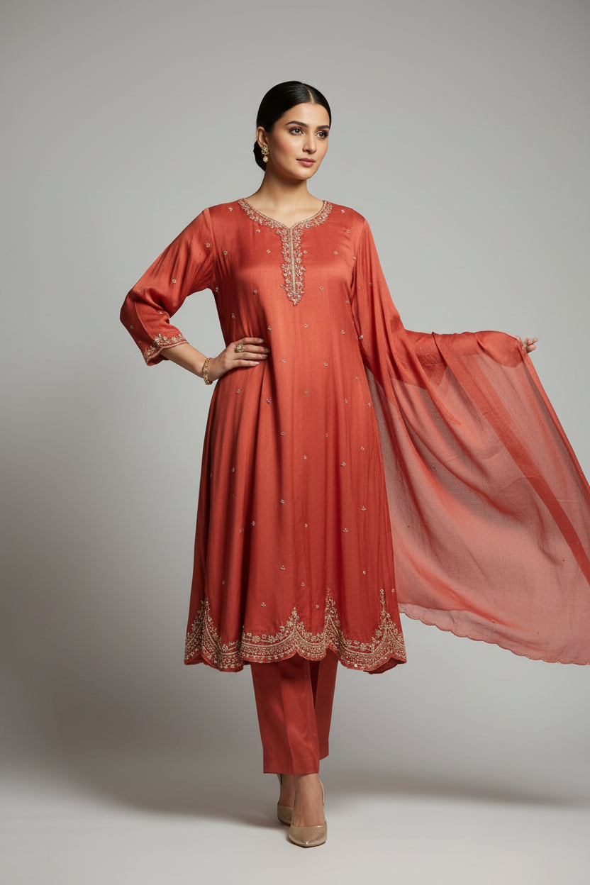 Peachish Anarkali chinnon handwork party ware Kurtha 567