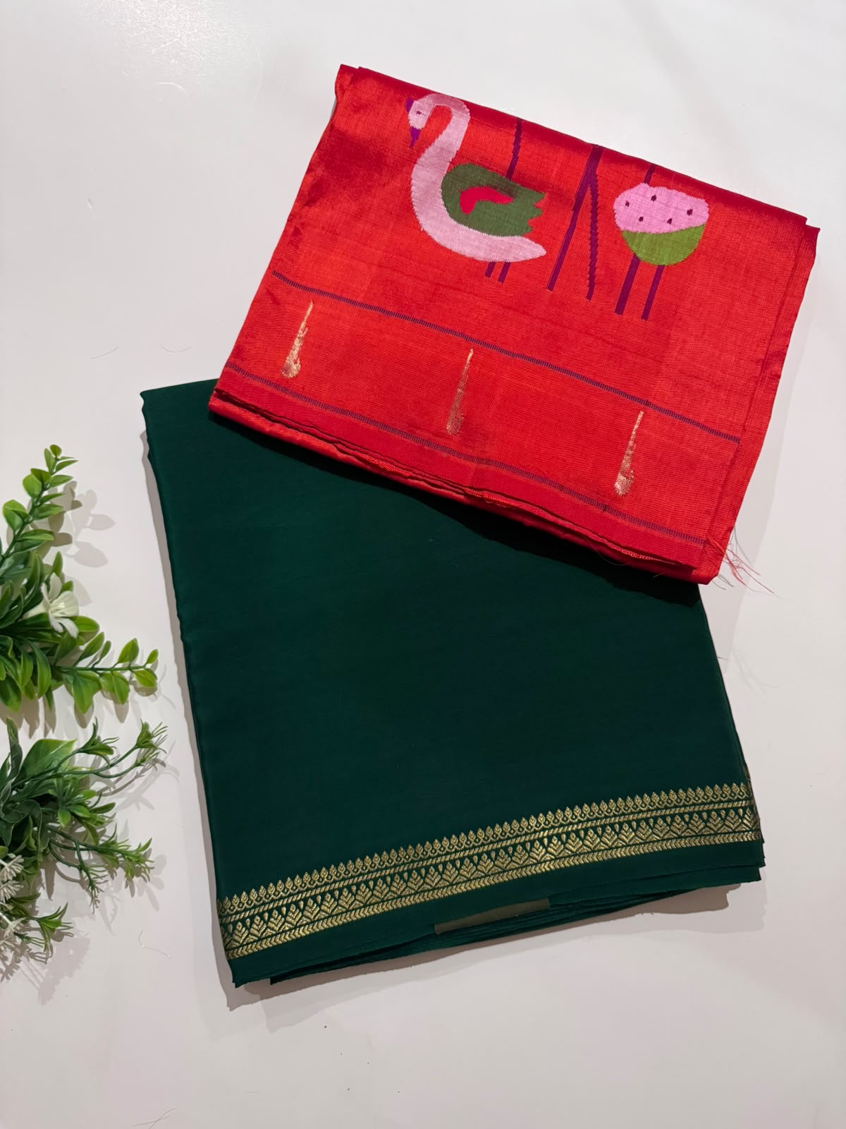 Bottle Green Pure Mysore Silk Saree n Paithani Blouse CSG (Swara)