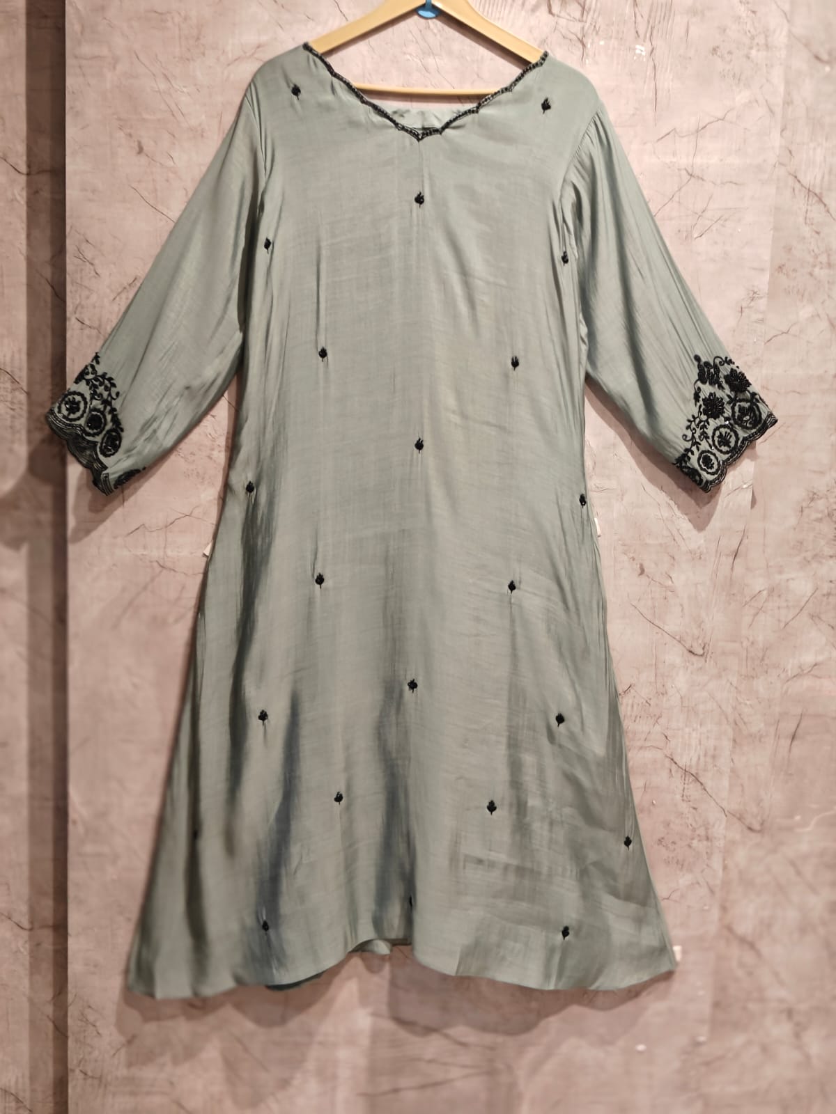 Cement Green Mul Chanderi Thread Embroidery A Line Kurtha 63