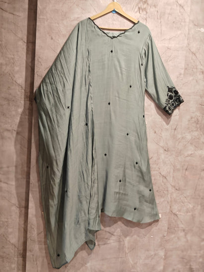 Cement Green Mul Chanderi Thread Embroidery A Line Kurtha 63