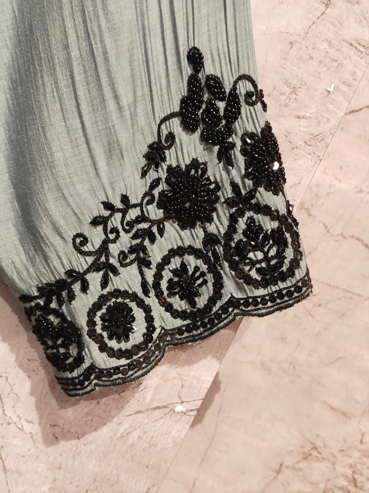 Cement Green Mul Chanderi Thread Embroidery A Line Kurtha 63