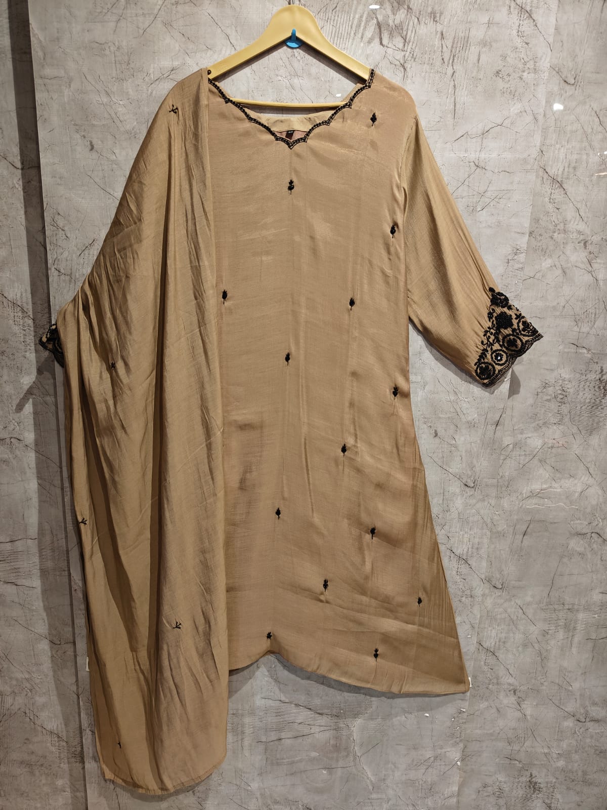 Beige Mul Chanderi Thread Embroidery A Line Kurtha 63