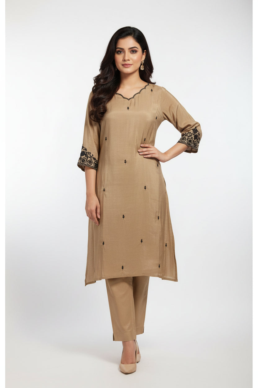 Beige Mul Chanderi Thread Embroidery A Line Kurtha 63