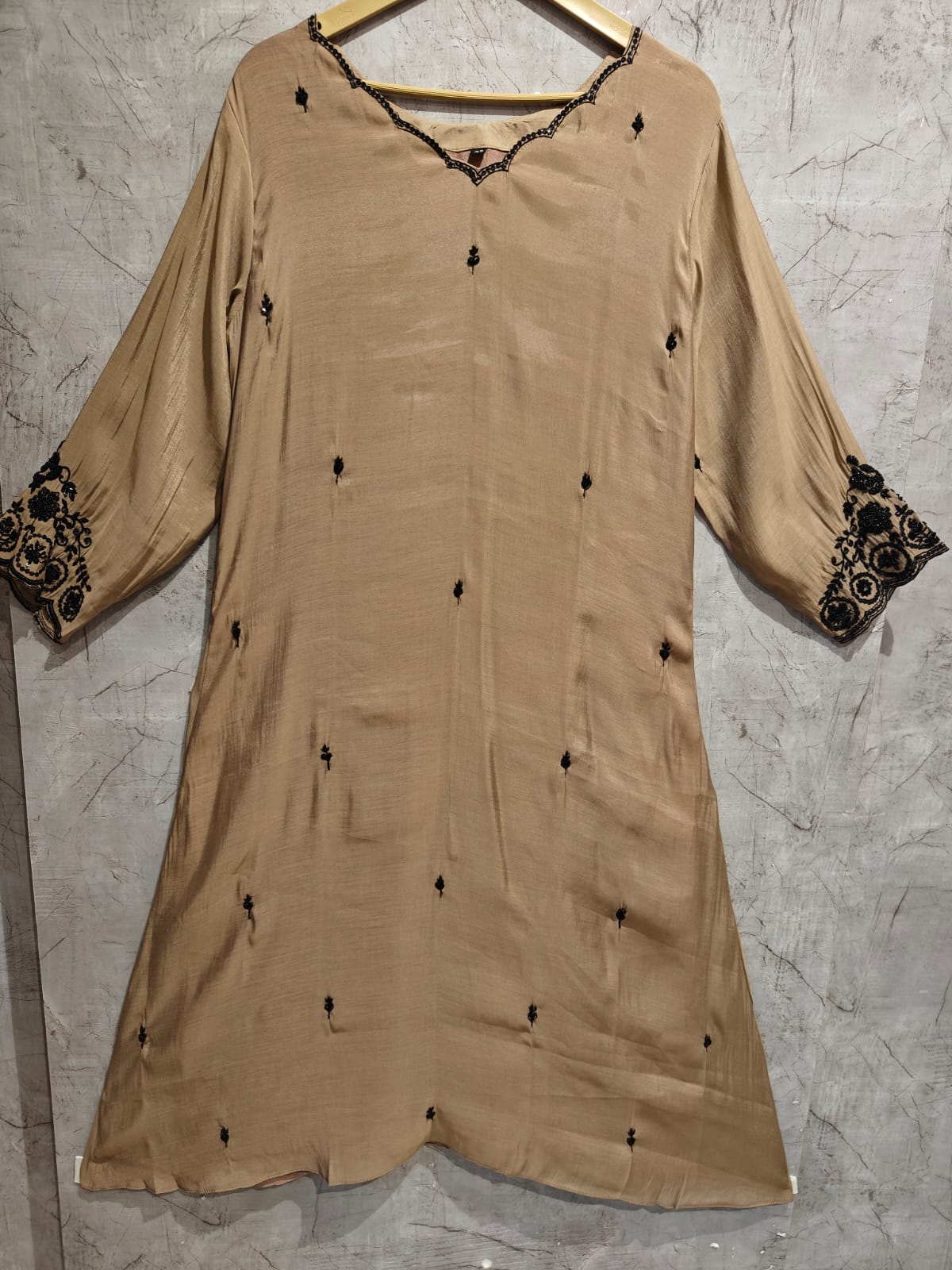 Beige Mul Chanderi Thread Embroidery A Line Kurtha 63