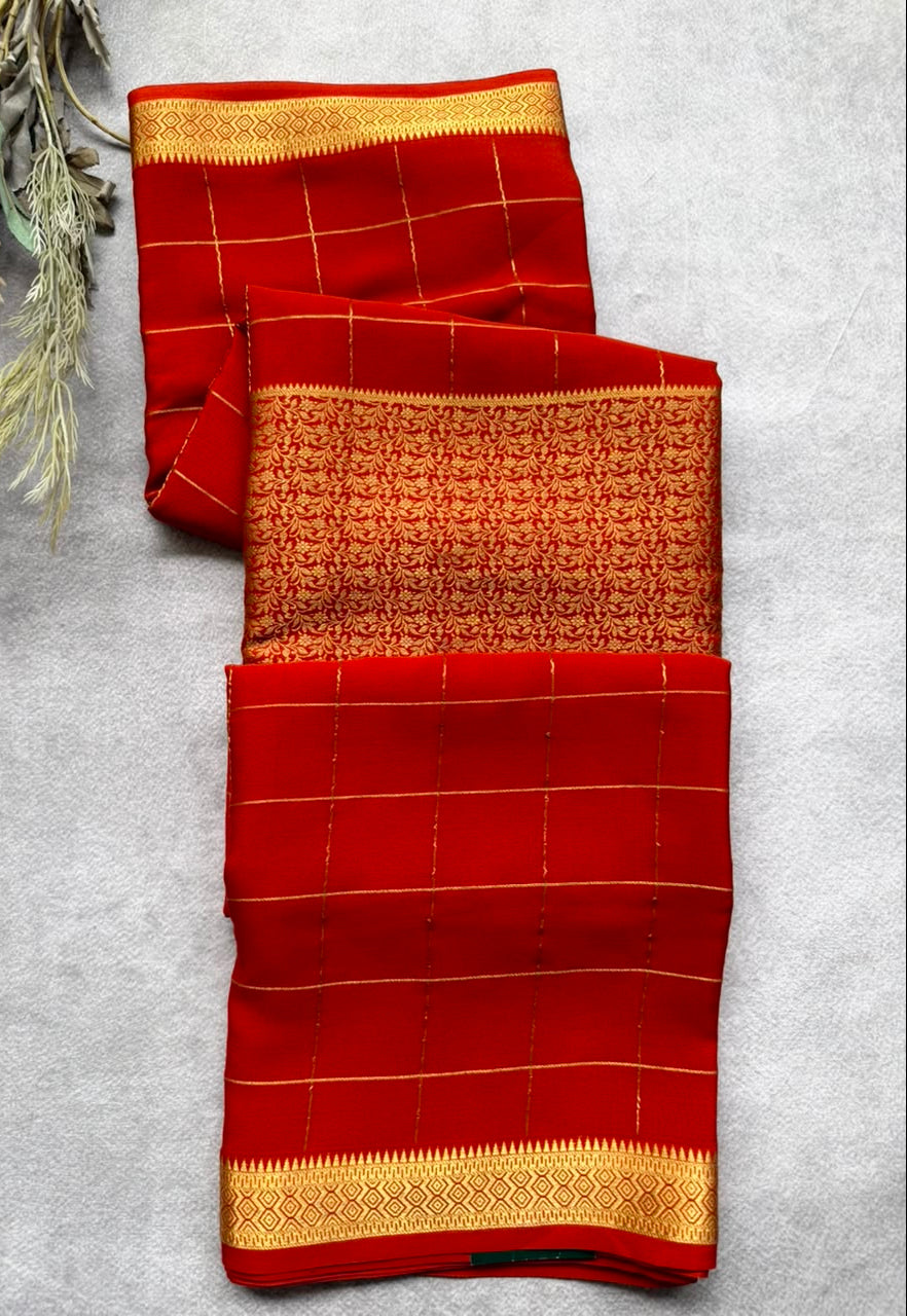 Rust orange brocade Pure Mysore Silk Saree BMS107