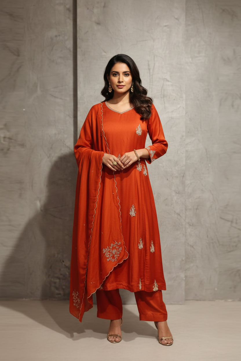 Orange  Chinnon Hand Embroidery Airline Kurtha 922