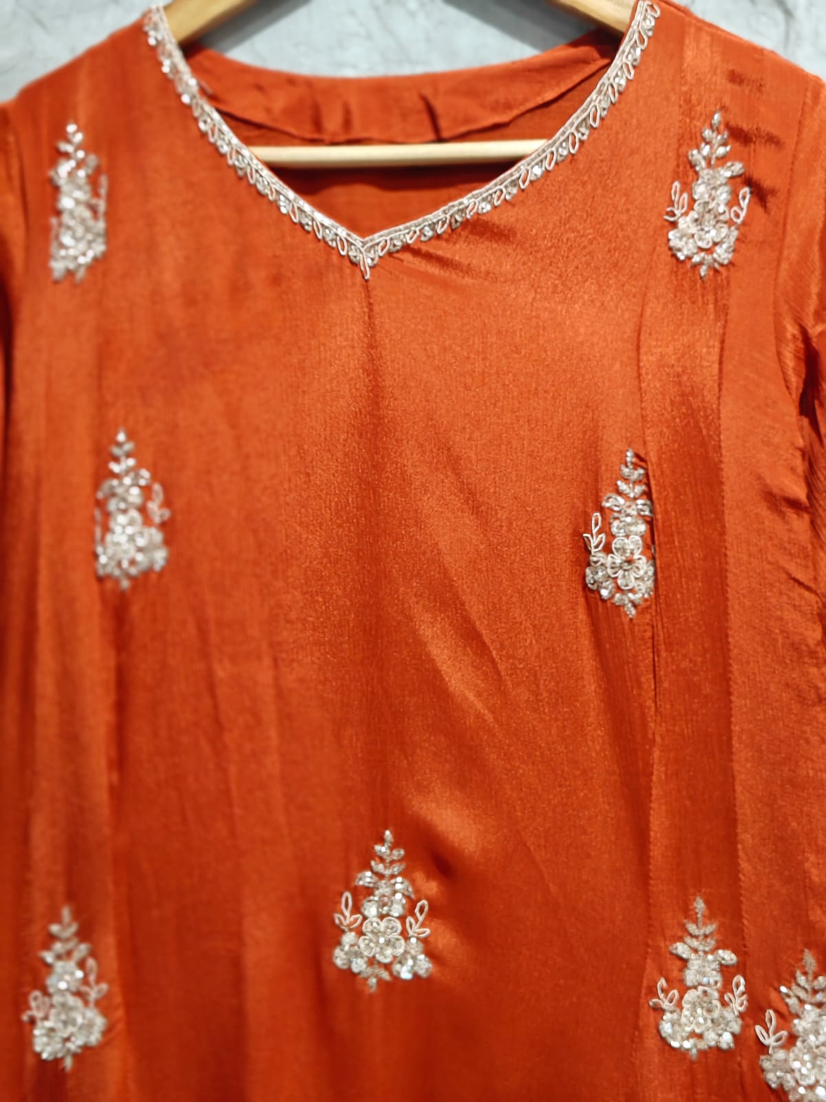 Orange  Chinnon Hand Embroidery Airline Kurtha 922