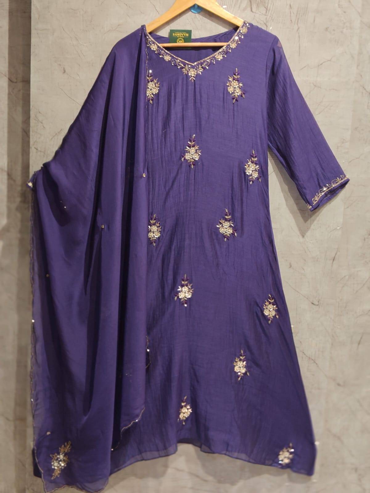 Purple Mul Chanderi Thread Embroidery A Line Kurtha 63