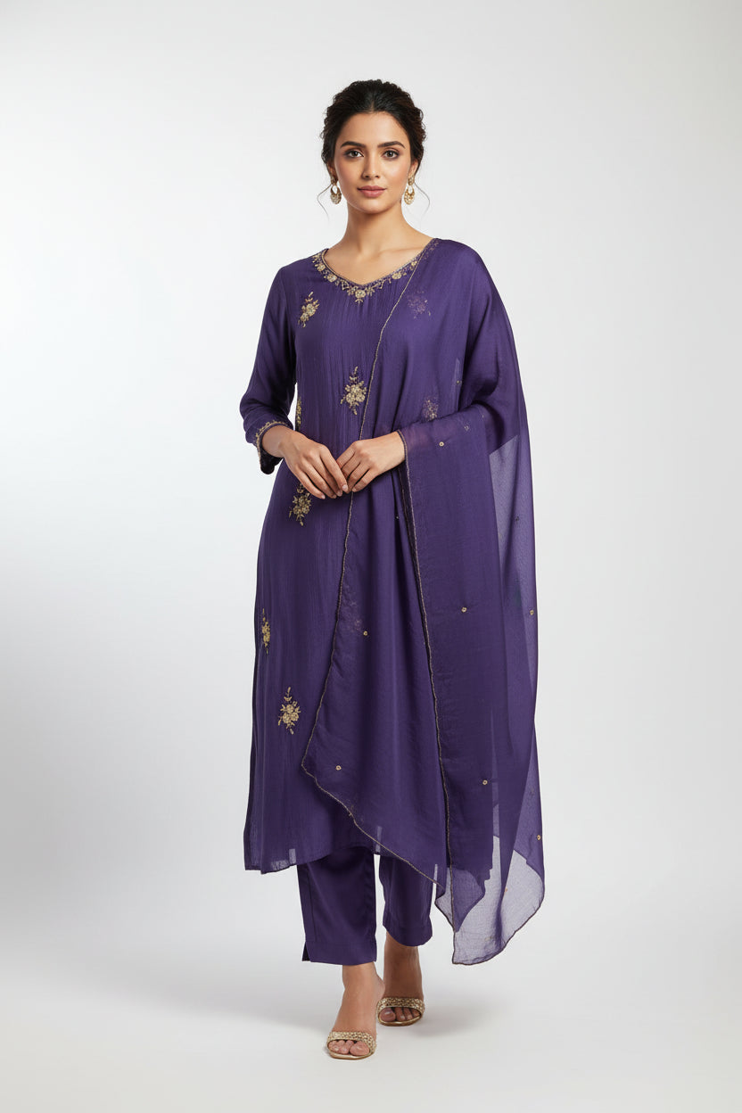 Purple Mul Chanderi Thread Embroidery A Line Kurtha 63