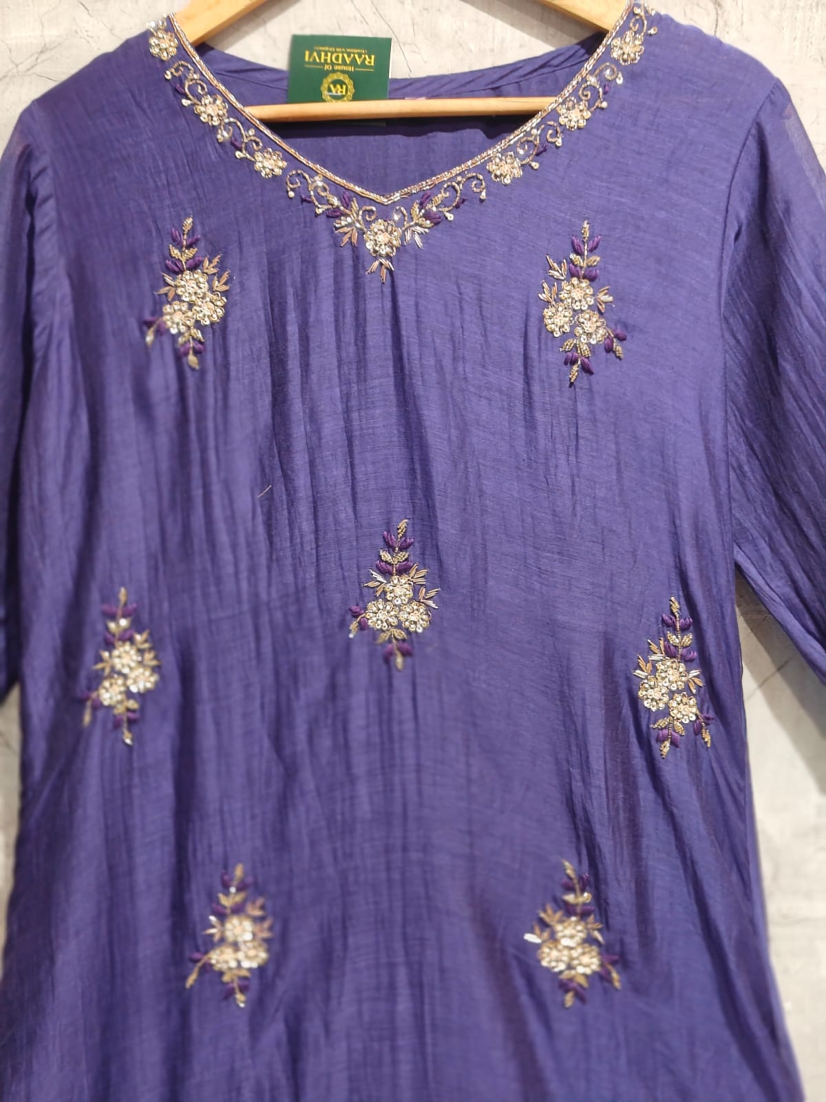 Purple Mul Chanderi Thread Embroidery A Line Kurtha 63