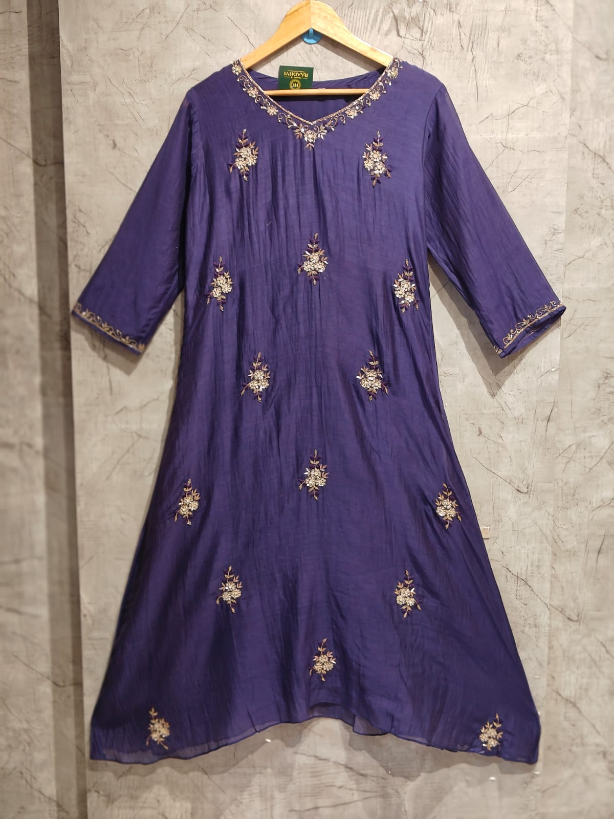Purple Mul Chanderi Thread Embroidery A Line Kurtha 63