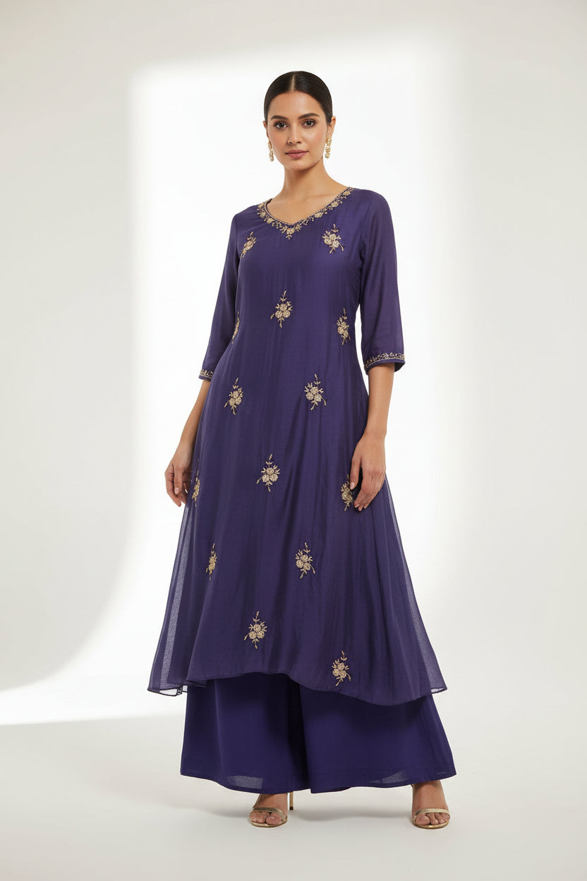 Purple Mul Chanderi Thread Embroidery A Line Kurtha 63