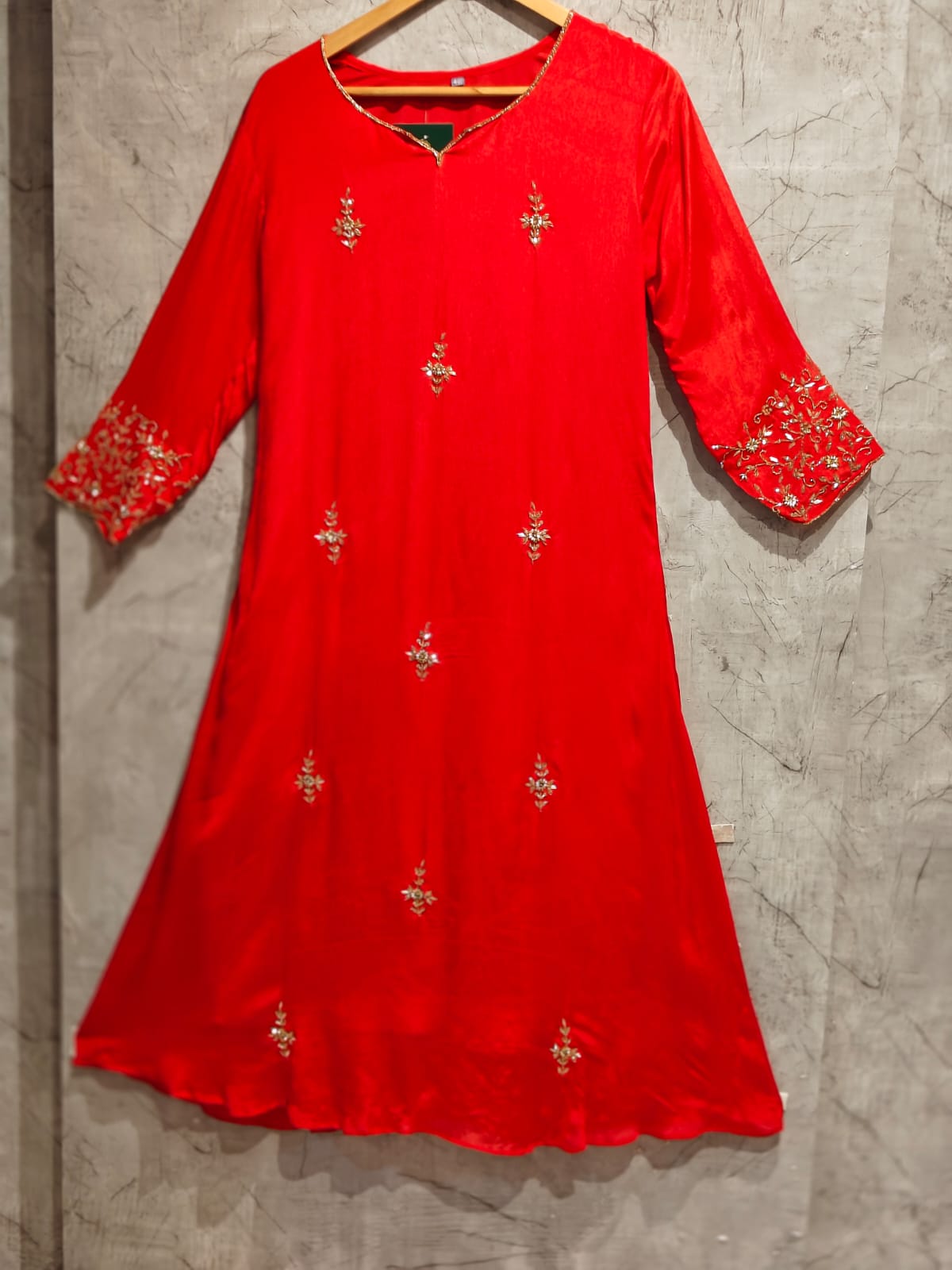 Red Chinnon Hand Embroidery Airline Kurtha 421