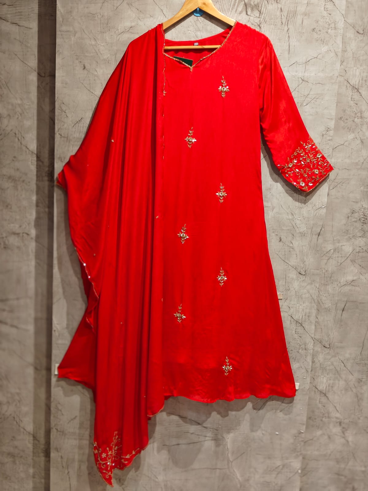 Red Chinnon Hand Embroidery Airline Kurtha 421
