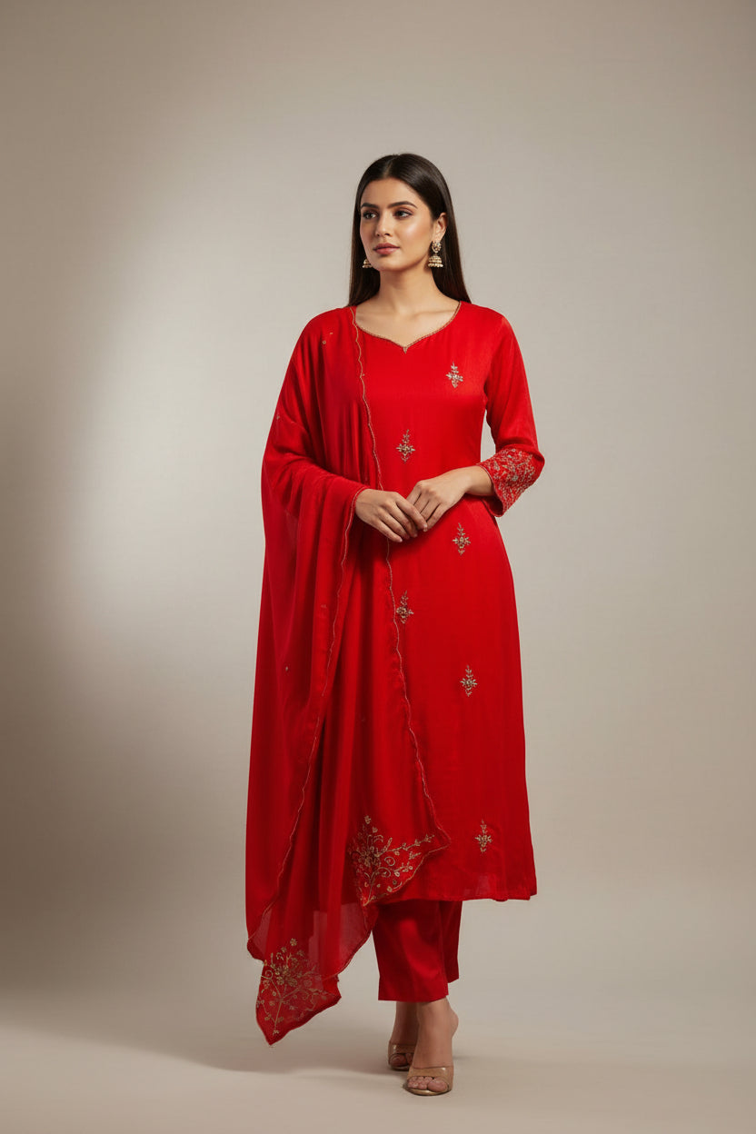 Red Chinnon Hand Embroidery Airline Kurtha 421