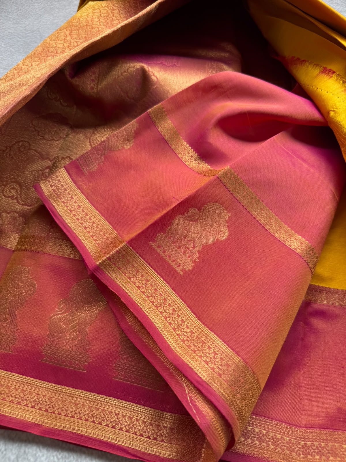 Yellow Pure Kanchi Silk Saree (Weaving Mistake)