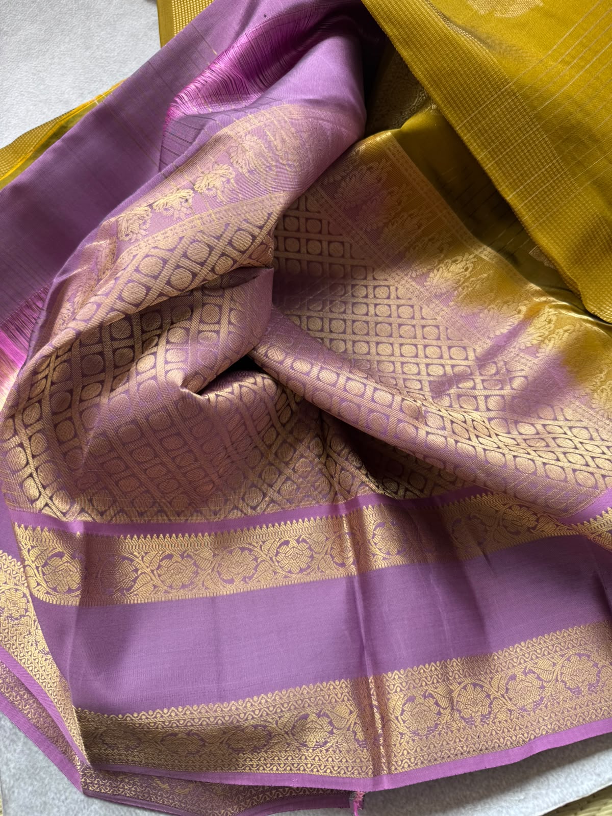 Mustard Pure Kanchi Silk Saree (Weaving Mistake)