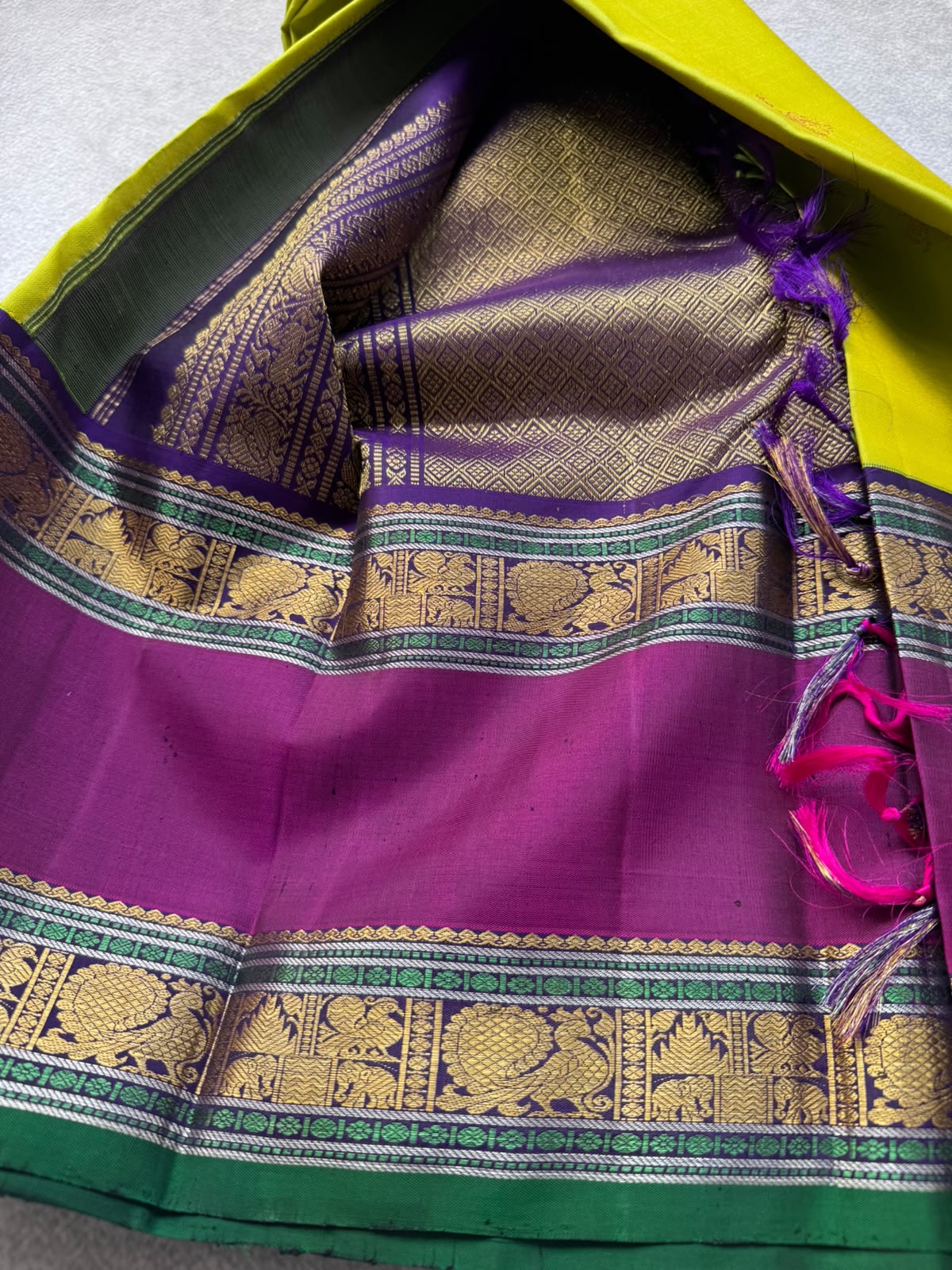 Neon Green Pure Kanchi Silk Saree (Weaving Mistake)