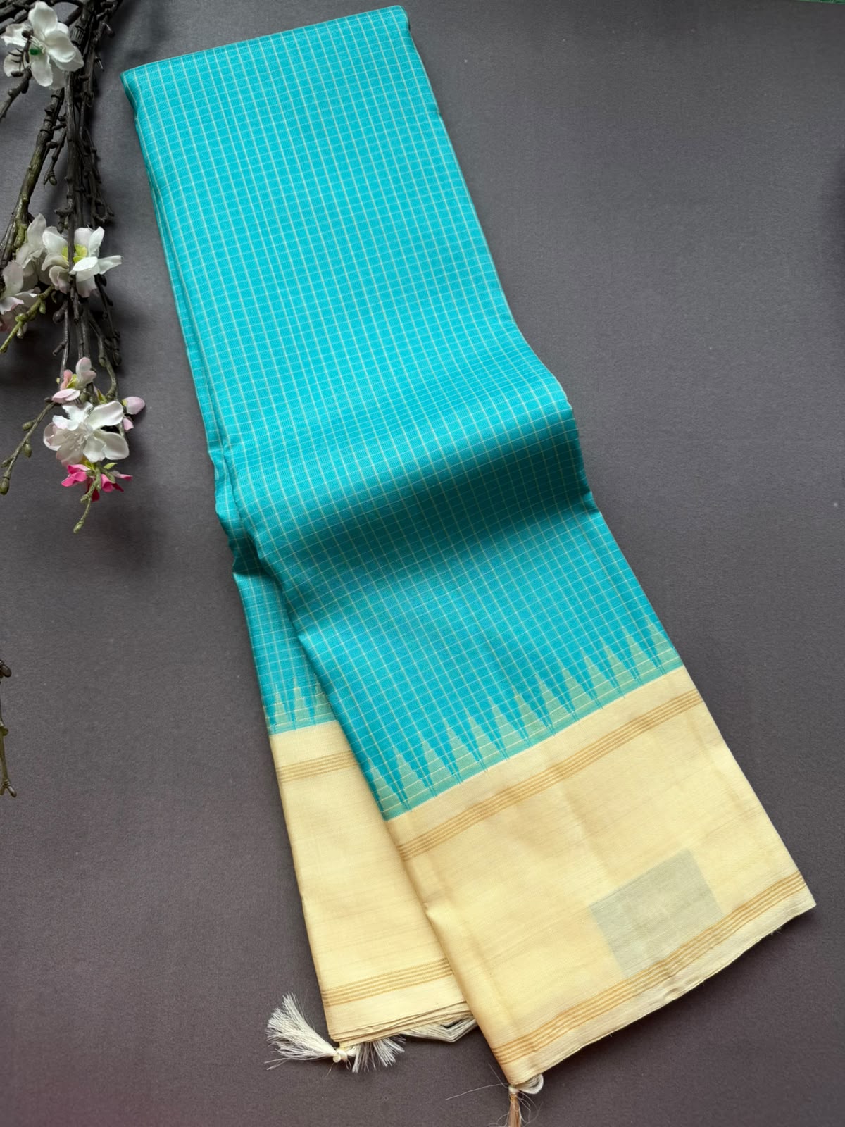 Sky Blue Checks Pure Kanchi Silk Saree (Weaving Mistake)