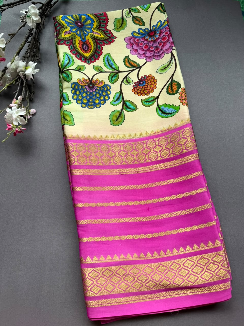Digital Print Pure Mysore Crepe Silk Saree (Printing Mistake)