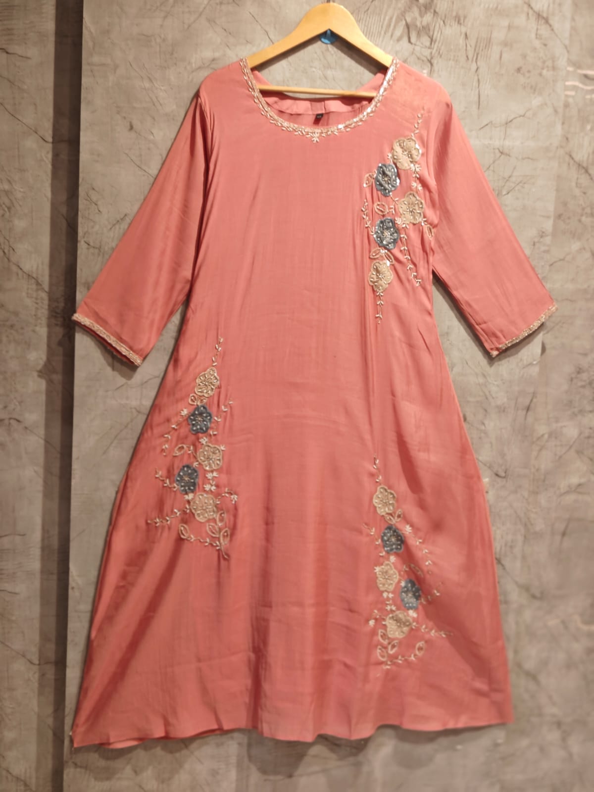 Peachish Pink Mul Chanderi Thread Embroidery A Line Kurtha 447