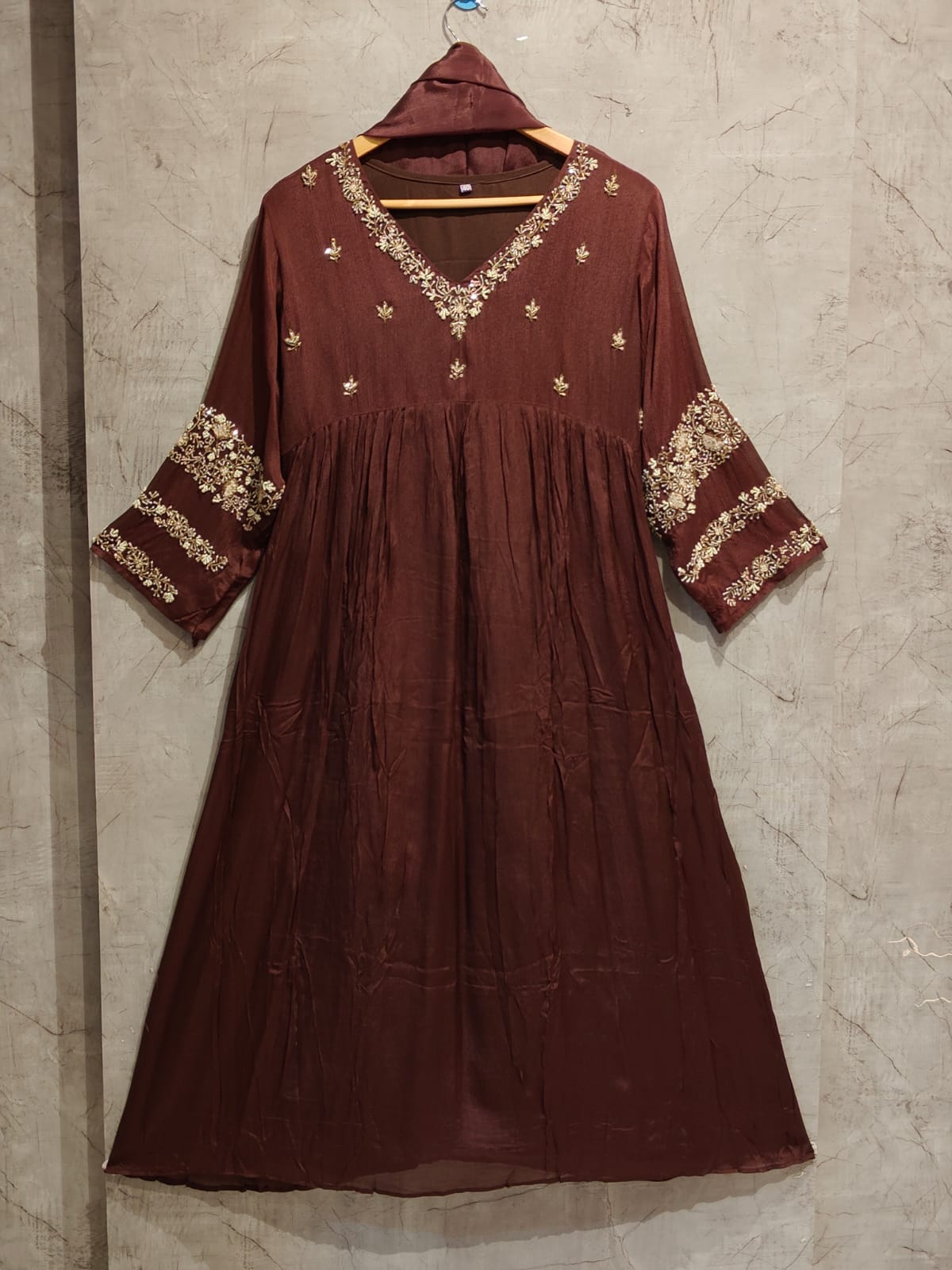 Brown Chinnon Hand Embroidery Airline Kurtha 555