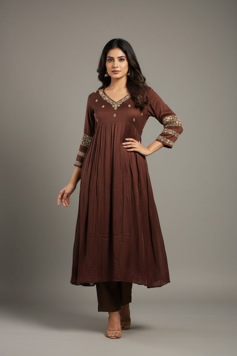 Brown Chinnon Hand Embroidery Airline Kurtha 555