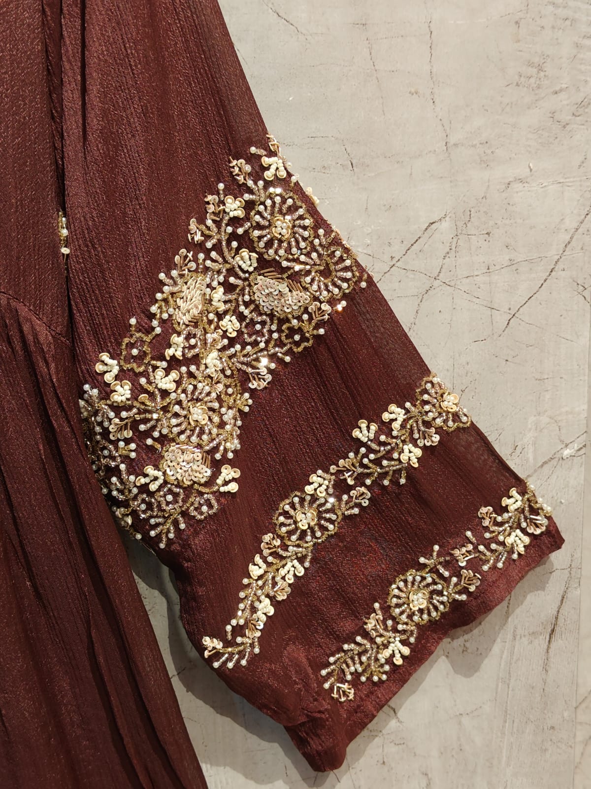 Brown Chinnon Hand Embroidery Airline Kurtha 555