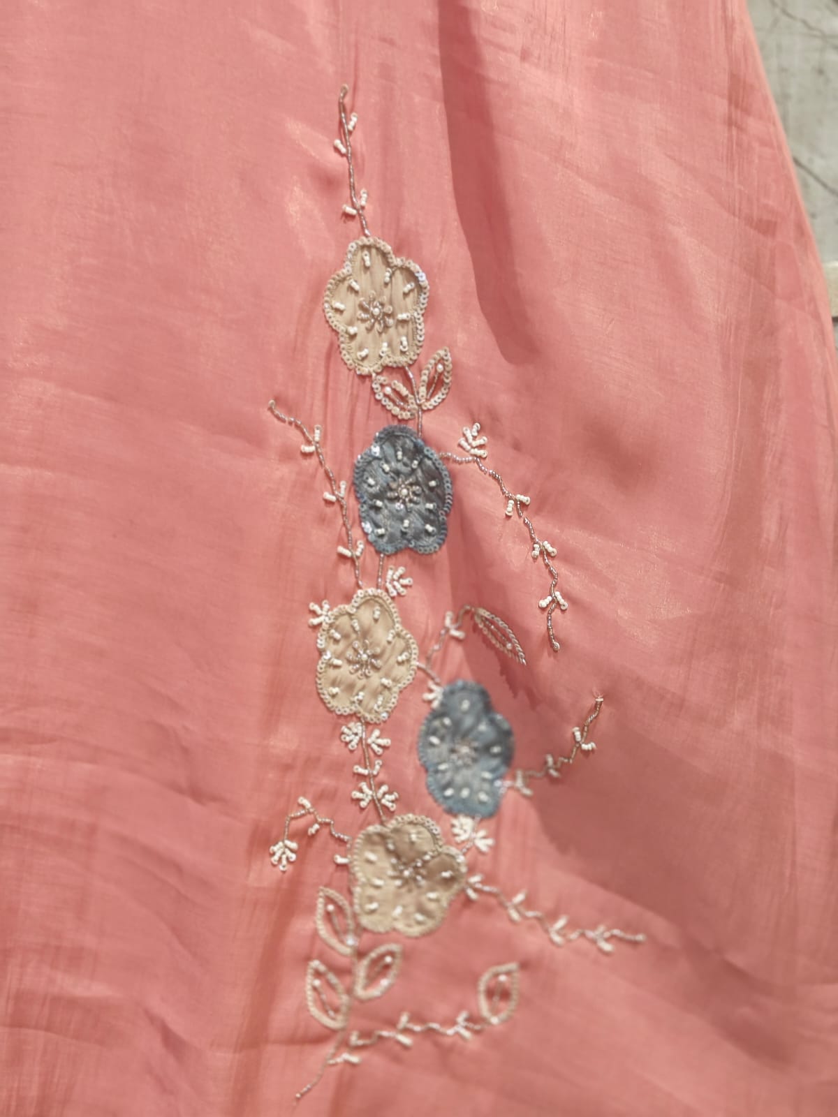 Peachish Pink Mul Chanderi Thread Embroidery A Line Kurtha 447