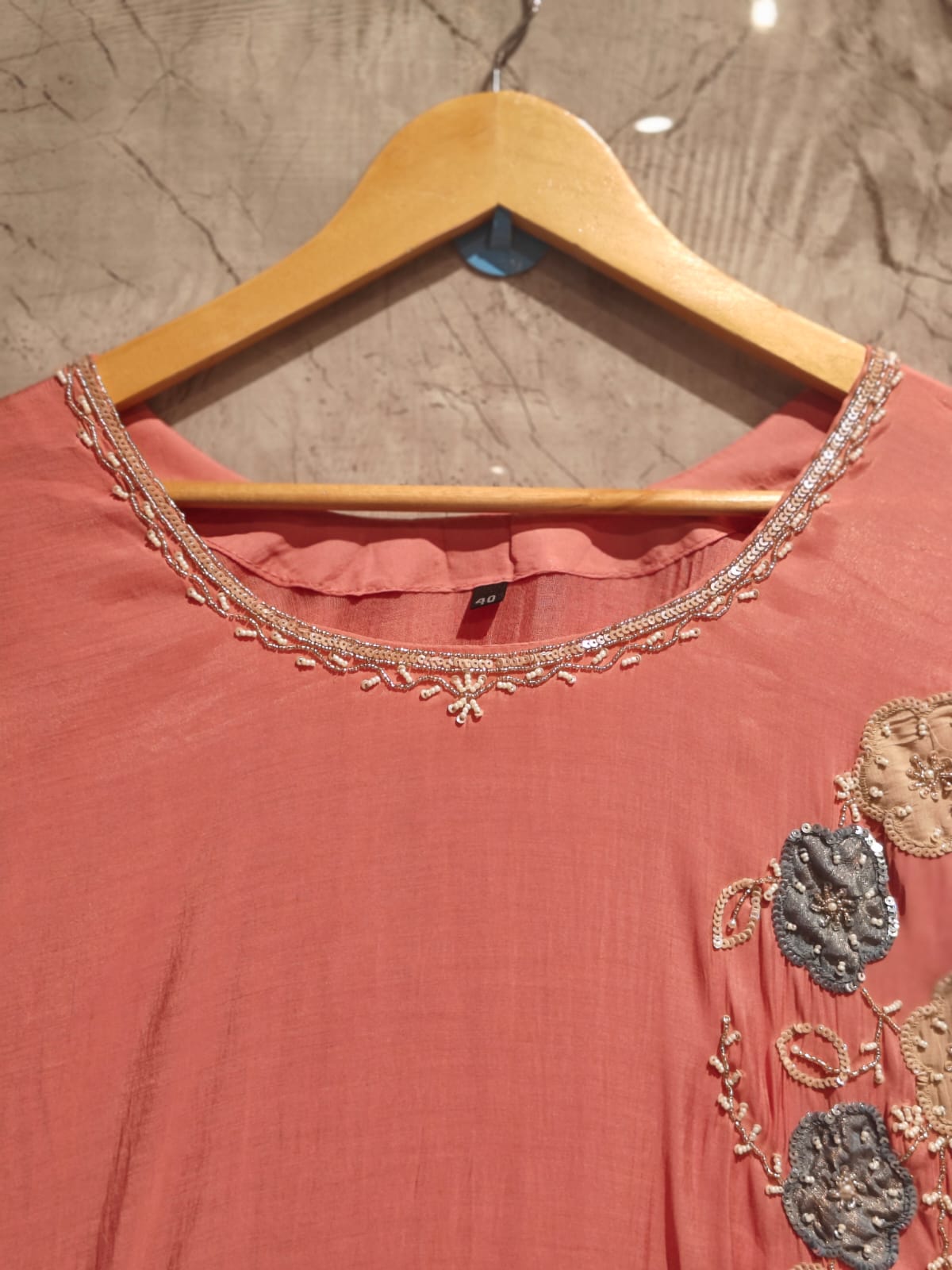 Peachish Pink Mul Chanderi Thread Embroidery A Line Kurtha 447