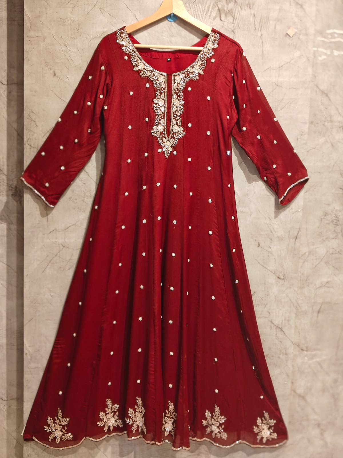 Maroon Anarkali chinnon handwork party ware Kurtha 567